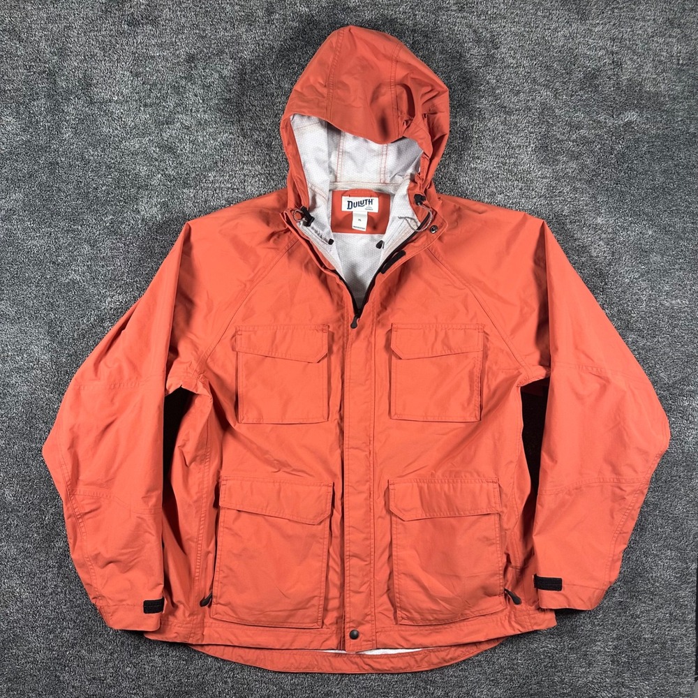 Duluth Trading Co Rainer Jacket Mens XL Orange Hooded Nylon Utility Windbreaker